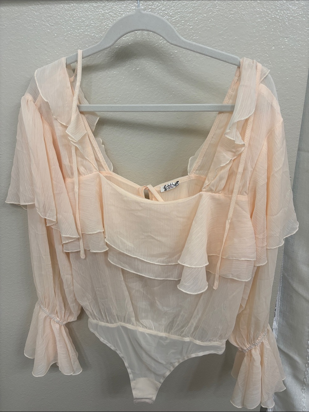 Free People Sheer Ruffle Long-Sleeved Bodysuit - Light Peach